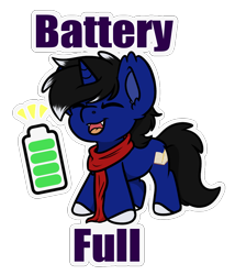 Size: 906x1059 | Tagged: safe, artist:rokosmith26, derpibooru import, oc, oc only, oc:night reader, pony, unicorn, :p, battery, chest fluff, clothes, commission, ears, eyes closed, floppy ears, half bat pony, happy, scarf, simple background, social battery, solo, standing, tongue, tongue out, transparent background, ych result