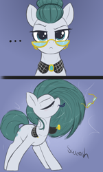 Size: 1800x3000 | Tagged: safe, artist:t72b, derpibooru import, cloudy quartz, earth pony, pony, eyes closed, female, glasses, hair bun, hair flip, hair tie, high res, jewelry, looking at you, loose hair, mare, milf, mouth hold, necklace, solo, stupid sexy cloudy quartz, this will end in pain, this will end in snu snu