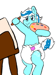 Size: 512x680 | Tagged: safe, artist:cavewolfphil, derpibooru import, oc, oc:snow frost, brush, canvas, diaper, female, non-baby in diaper, paint, painting, simple background, white background