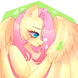 Size: 1610x1610 | Tagged: safe, artist:julieee3e, derpibooru import, fluttershy, butterfly, pegasus, pony, butterfly on nose, cute, fanart, female, lips, looking at something, mare, shyabetes, smiling, solo, wings