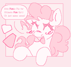 Size: 1467x1381 | Tagged: safe, artist:p0rk-guts, derpibooru import, pinkie pie, earth pony, pony, blush lines, blushing, eyes closed, pink background, simple background, solo, speech bubble