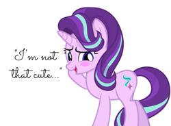 Size: 1011x745 | Tagged: safe, artist:mrvector, derpibooru import, edit, starlight glimmer, pony, unicorn, bashful, blatant lies, blush sticker, blushing, cursive writing, cute, female, glimmerbetes, humility, i'm not cute, mare, simple background, solo, vector, vector edit, white background