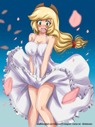 Size: 1500x2000 | Tagged: safe, artist:neldorwen, derpibooru import, applejack, human, applerack, big breasts, blushing, breasts, clothes, commission, female, gradient background, humanized, marilyn monroe, movie reference, open mouth, skirt, skirt blow, solo, the seven year itch