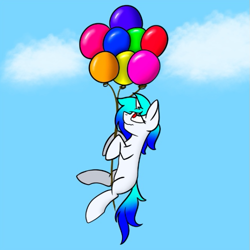 Size: 619x619 | Tagged: safe, artist:cotarsis, derpibooru import, pinkie pie, oc, oc only, oc:aurora ise, pony, unicorn, balloon, blank flank, floating, old art, sky, solo, then watch her balloons lift her up to the sky