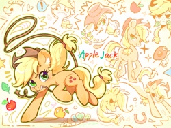 Size: 2160x1620 | Tagged: safe, artist:千雲九枭, derpibooru import, part of a set, applejack, earth pony, pony, apple, applejack's hat, clothes, cowboy hat, cute, female, food, hat, jackabetes, lasso, looking at you, mare, name, rope, solo