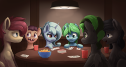 Size: 7651x4097 | Tagged: safe, artist:ryanmandraws, derpibooru import, oc, oc:arcane gear, oc:boreal bloom, oc:karina, oc:ryan celer, oc:scroupy, food, playing card, poker, poker chips, table