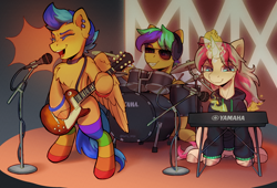 Size: 2572x1748 | Tagged: safe, artist:kotya, derpibooru import, oc, oc only, oc:artell, oc:dashka bun, oc:eclair winglain, pegasus, pony, unicorn, bipedal, chest fluff, clothes, drums, electric guitar, guitar, les paul, magic, microphone, microphone stand, musical instrument, rainbow socks, singing, socks, stockings, striped socks, sunglasses, synthesizer, thigh highs, wings