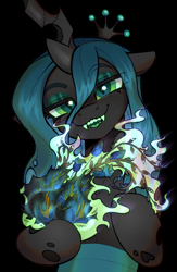 Size: 1300x2000 | Tagged: source needed, safe, artist:kotya, derpibooru import, queen chrysalis, changeling, changeling queen, black background, crown, featured image, female, fire, flower, foal's breath, jewelry, looking at you, regalia, simple background, solo