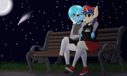 Size: 2912x1746 | Tagged: safe, artist:floppochkin, derpibooru import, oc, oc only, oc:karina, oc:soleil moonshadow, anthro, anthro oc, bench, clothes, moon, night, shooting star, sitting, skirt, socks, stargazing, stars, thigh highs, wholesome