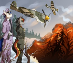 Size: 3500x3000 | Tagged: artist needed, safe, derpibooru import, oc, oc:anja snow, oc:ice, anthro, bat pony, pegasus, equestria at war mod, bat pony oc, clothes, fire, forest, hawker typhoon, pegasus oc, plane, war, winter, winter outfit