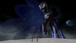 Size: 1920x1080 | Tagged: safe, artist:docteurcinematicstudio, artist:mothra72, derpibooru import, nightmare moon, princess luna, alicorn, human, 3d, astronaut, earth, female, giantess, macro, macro/micro, moon, size comparison, smiling, source filmmaker, space, tiny