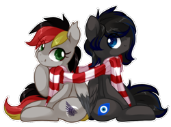 Size: 816x608 | Tagged: safe, artist:loyaldis, derpibooru import, oc, oc only, oc:anja snow, oc:boreal bloom, pegasus, clothes, looking at you, pegasus oc, scarf, shared clothing, shared scarf, simple background, sitting, smiling, smiling at you, striped scarf, transparent background