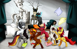 Size: 2200x1400 | Tagged: safe, artist:mlp-hugfactory, derpibooru import, oc, oc:anja snow, oc:cherry soda(the_laundry), oc:ignacio, oc:soleil moonshadow, oc:vermilion brightwing, changeling, deer, pony, unicorn, changeling oc, deer oc, horn, non-pony oc, pillow, pillow fight, pony oc, unicorn oc