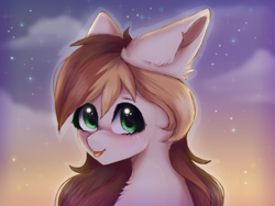 Size: 1600x1200 | Tagged: safe, artist:saltyvity, derpibooru import, oc, pegasus, pony, blushing, brown mane, commission, cute, ear fluff, ears, face licking, fluffy, green eyes, happy, licking, sky, solo, sparkles, stars, sunset