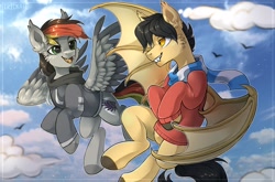 Size: 2047x1347 | Tagged: safe, artist:trickate, derpibooru import, oc, oc:anja snow, bat pony, pegasus, clothes, cloud, cloudy, flying, happy, hoodie, pegasus oc, sky