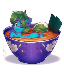 Size: 1600x1800 | Tagged: safe, artist:falafeljake, derpibooru import, oc, oc only, oc:arcane gear, unicorn, bowl, food, horn, noodles, ramen, simple background, soup, unicorn oc, white background