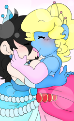 Size: 1579x2587 | Tagged: safe, artist:blackbewhite2k7, derpibooru import, oc, oc:azure/sapphire, oc:zaria deibele, equestria girls, crossdressing, equestria girls-ified, female, femboy, kiss on the lips, kissing, makeup, making out, male, princess gowns