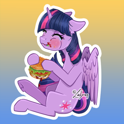 Size: 600x600 | Tagged: safe, artist:lailyren, derpibooru import, twilight sparkle, twilight sparkle (alicorn), alicorn, pony, eyes closed, gradient background, messy eating, solo, that pony sure does love burgers, twilight burgkle