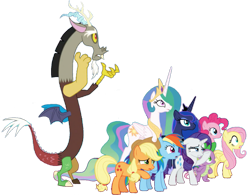 Size: 1013x789 | Tagged: safe, artist:pascalmulokozi2, derpibooru import, edit, edited screencap, screencap, applejack, discord, fluttershy, pinkie pie, princess celestia, princess luna, rainbow dash, rarity, spike, alicorn, draconequus, dragon, earth pony, pegasus, pony, unicorn, the ending of the end, background removed, female, male, mane five, mare, not a vector, royal sisters, siblings, simple background, sisters, transparent background, winged spike, wings