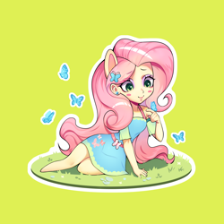 Size: 3508x3508 | Tagged: safe, artist:ikstina, derpibooru import, fluttershy, butterfly, human, equestria girls, blushing, chibi, clothes, cute, dress, ears, grass, grass field, green background, green eyes, keychain, long hair, looking down, makeup, merchandise, on grass, pink hair, pony ears, simple background, solo, sticker