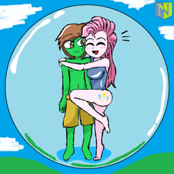 Size: 894x894 | Tagged: safe, artist:neutralchilean, derpibooru import, pinkie pie, oc, human, equestria girls, bondage, bubble, clothes, encasement, female, in bubble, male, shipping, swimsuit