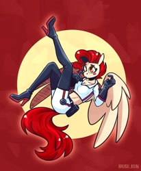 Size: 1640x1988 | Tagged: safe, artist:lrusu, derpibooru import, oc, oc only, anthro, pegasus, plantigrade anthro, blushing, boots, clothes, gloves, looking at you, midriff, shoes, solo, spread wings, thigh boots, wings