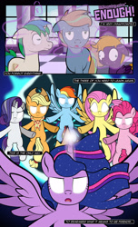 Size: 1920x3168 | Tagged: safe, artist:alexdti, derpibooru import, applejack, fluttershy, pinkie pie, rainbow dash, rarity, twilight sparkle, twilight sparkle (alicorn), oc, oc:brainstorm (alexdti), oc:purple creativity, oc:star logic, alicorn, pony, comic:quest for friendship, derp, ears, floppy ears, glowing, glowing eyes, magic, mane six