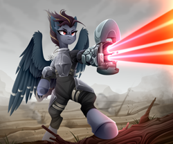 Size: 3000x2500 | Tagged: safe, artist:buvanybu, derpibooru import, oc, oc only, pegasus, pony, amputee, armor, bipedal, body armor, cybernetic legs, laser, laser rifle, prosthetic limb, prosthetics, solo