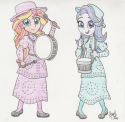 Size: 1400x1369 | Tagged: safe, artist:bageloftime, derpibooru import, starlight glimmer, sunset shimmer, human, equestria girls, clothes, dress, drums, duo, female, long dress, long skirt, musical instrument, pearly band, skirt, solo, traditional art