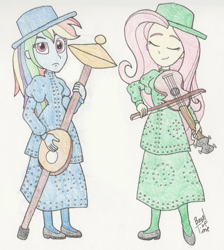 Size: 1253x1400 | Tagged: safe, artist:bageloftime, derpibooru import, fluttershy, rainbow dash, human, equestria girls, clothes, dress, duo, female, long dress, long skirt, musical instrument, pearly band, skirt, traditional art, violin