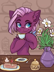 Size: 1200x1600 | Tagged: safe, artist:falafeljake, derpibooru import, jasmine leaf, earth pony, pony, blushing, cake, cup, cute, ear fluff, ears, female, flower, food, mare, solo, sugar (food), teacup