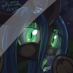 Size: 2000x2000 | Tagged: safe, artist:uteuk, derpibooru import, queen chrysalis, changeling, changeling queen, crack, drool, fangs, forked tongue, glass, glowing, glowing eyes, implied anon, licking, looking at you, solo, tongue, tongue out, window