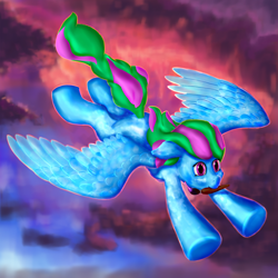 Size: 2160x2160 | Tagged: safe, artist:callichrome, derpibooru import, oc, oc only, pegasus, pony, female, flying, paintbrush, pegasus oc, smiling, solo, spread wings, sunset, wings