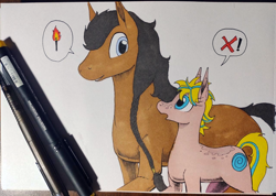 Size: 1280x910 | Tagged: safe, artist:darkhestur, derpibooru import, oc, oc only, oc:burning stream, oc:dark, pony, dialogue, duo, female, male, mare, marker drawing, norse horse, simple background, speech bubble, stallion, traditional art, walking, white background