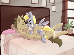 Size: 960x718 | Tagged: safe, artist:artryshock, derpibooru import, derpy hooves, doctor whooves, earth pony, pegasus, pony, bedroom eyes, cuddling, doctorderpy, duo, duo male and female, ear fluff, ears, eyes closed, female, happy, male, open mouth, open smile, shipping, size difference, smiling, spread wings, straight, wings