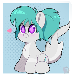 Size: 1920x2020 | Tagged: safe, artist:joaothejohn, derpibooru import, oc, oc:rikka, original species, shark, shark pony, blushing, chibi, cute, female, heart, looking up, simple background, sitting, solo