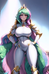 Size: 1024x1536 | Tagged: safe, ai content, derpibooru import, generator:stable diffusion, machine learning generated, princess celestia, human, armor, big breasts, bodysuit, breasts, clothes, crown, female, frown, hand on hip, huge breasts, human female, humanized, jewelry, looking at you, princess breastia, prompter:4as, regalia, skintight clothes, solo, wide hips