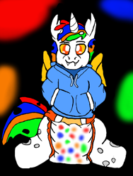 Size: 512x680 | Tagged: safe, artist:cavewolfphil, derpibooru import, oc, oc:fruitcake, changeling, changeling oc, clothes, diaper, hoodie, non-baby in diaper, simple background, white changeling