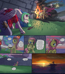 Size: 3381x3886 | Tagged: safe, artist:ciborgen, derpibooru import, fluttershy, princess celestia, alicorn, pegasus, pony, snake, alternate hairstyle, arrow, axe, battle axe, comic, dialogue, drugs, duo, duo female, female, fire, high res, immortal, island, mare, ponytail, speech bubble, stranded, sunset, syringe, weapon