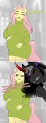 Size: 700x1867 | Tagged: safe, artist:evehly, derpibooru import, fluttershy, king sombra, anthro, pegasus, unicorn, ..., 2 panel comic, angry, breasts, clothes, comic, cute, duo, eyes closed, fangs, female, fluttershy is not amused, gritted teeth, hootershy, husband and wife, looking at you, male, mare, married couple, open mouth, overprotective, pointing, preggoshy, pregnant, shipping, shyabetes, sombrashy, stallion, straight, sweater, sweatershy, talking to viewer, teeth, threatening, unamused