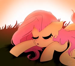 Size: 1511x1316 | Tagged: safe, artist:petaltwinkle, derpibooru import, fluttershy, pegasus, pony, cute, eyes closed, female, mare, shyabetes, sleeping, solo, sunset