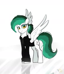 Size: 1316x1511 | Tagged: safe, artist:petaltwinkle, derpibooru import, oc, oc only, pegasus, pony, clothes, looking at you, reflection, shirt, simple background, smiling, smiling at you, solo, spread wings, white background, wings