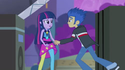 Size: 3072x1727 | Tagged: safe, derpibooru import, screencap, flash sentry, twilight sparkle, human, equestria girls, rainbow rocks, clothes, duo, duo male and female, female, jacket, male, night, open mouth, open smile, rainbow rocks outfit, smiling