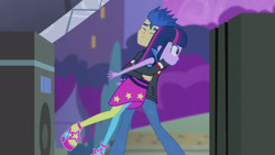 Size: 3072x1727 | Tagged: safe, derpibooru import, screencap, flash sentry, twilight sparkle, human, equestria girls, rainbow rocks, clothes, duo, duo male and female, eyes closed, female, frown, high heels, hug, jacket, male, night, rainbow rocks outfit, shoes, smiling