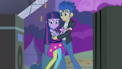 Size: 3072x1727 | Tagged: safe, derpibooru import, screencap, flash sentry, twilight sparkle, human, equestria girls, rainbow rocks, blushing, clothes, duo, duo male and female, female, grin, hug, jacket, male, night, rainbow rocks outfit, smiling