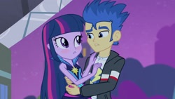 Size: 3072x1727 | Tagged: safe, derpibooru import, screencap, flash sentry, twilight sparkle, human, equestria girls, rainbow rocks, blushing, clothes, duo, duo male and female, female, hug, jacket, looking at each other, looking at someone, male, night, rainbow rocks outfit