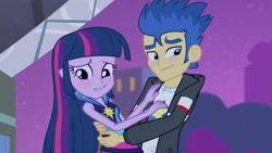 Size: 3072x1727 | Tagged: safe, derpibooru import, screencap, flash sentry, twilight sparkle, human, equestria girls, rainbow rocks, blushing, clothes, duo, duo male and female, female, hug, jacket, male, night, rainbow rocks outfit, smiling