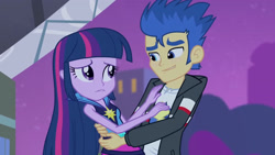 Size: 3072x1727 | Tagged: safe, derpibooru import, screencap, flash sentry, twilight sparkle, human, equestria girls, rainbow rocks, blushing, clothes, duo, duo male and female, female, frown, hug, jacket, looking at each other, looking at someone, male, night, rainbow rocks outfit, smiling