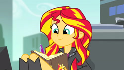 Size: 3072x1727 | Tagged: safe, derpibooru import, screencap, sunset shimmer, human, equestria girls, rainbow rocks, book, boots, clothes, cute, cutie mark on clothes, female, high heel boots, jacket, leather, leather jacket, shimmerbetes, shoes, solo, writing