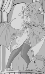 Size: 2894x4781 | Tagged: safe, artist:thereyk, derpibooru import, oc, oc only, oc:tourmaline the dragoness, dragon, big tail, clothes, dragoness, ear piercing, earring, fancy, female, grayscale, hat, jewelry, microphone, monochrome, piercing, pose, singing, socks, solo, spread wings, tail, wings